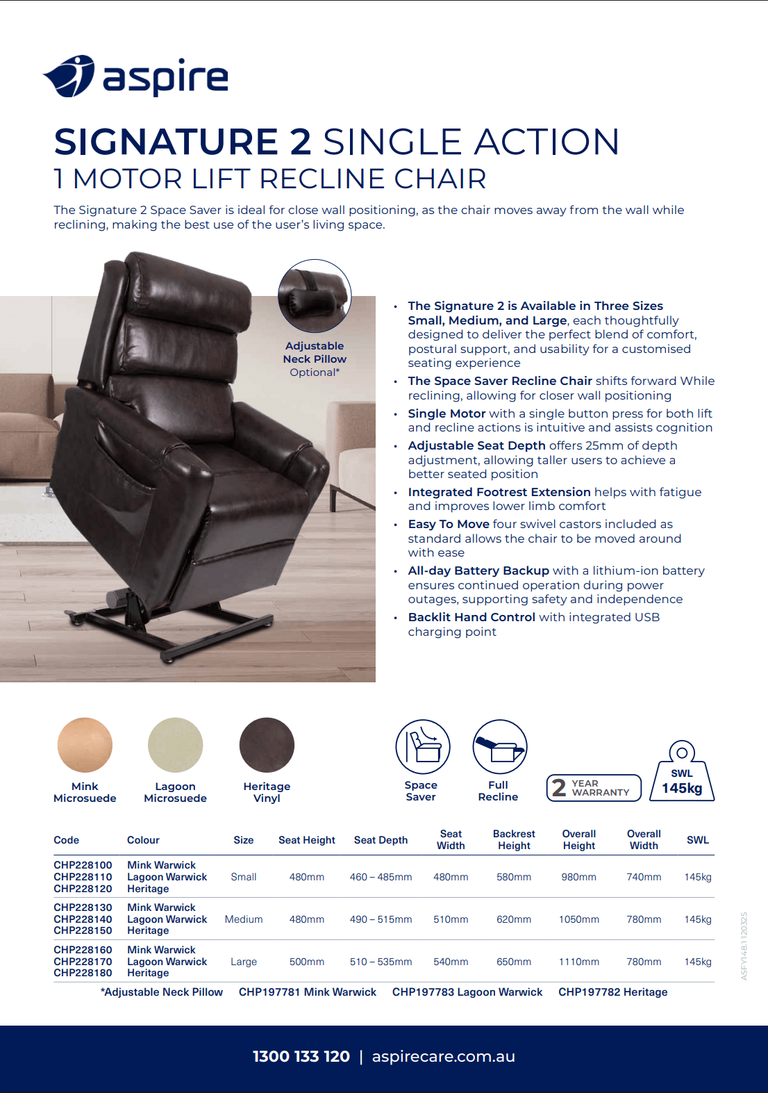 Aspire Signature Single Lift Recline Chair Flyer
